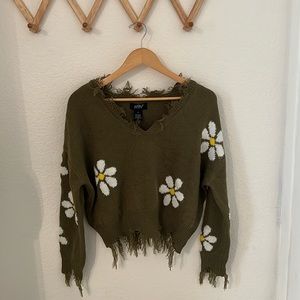 Green Floral Sweater with distressed edges